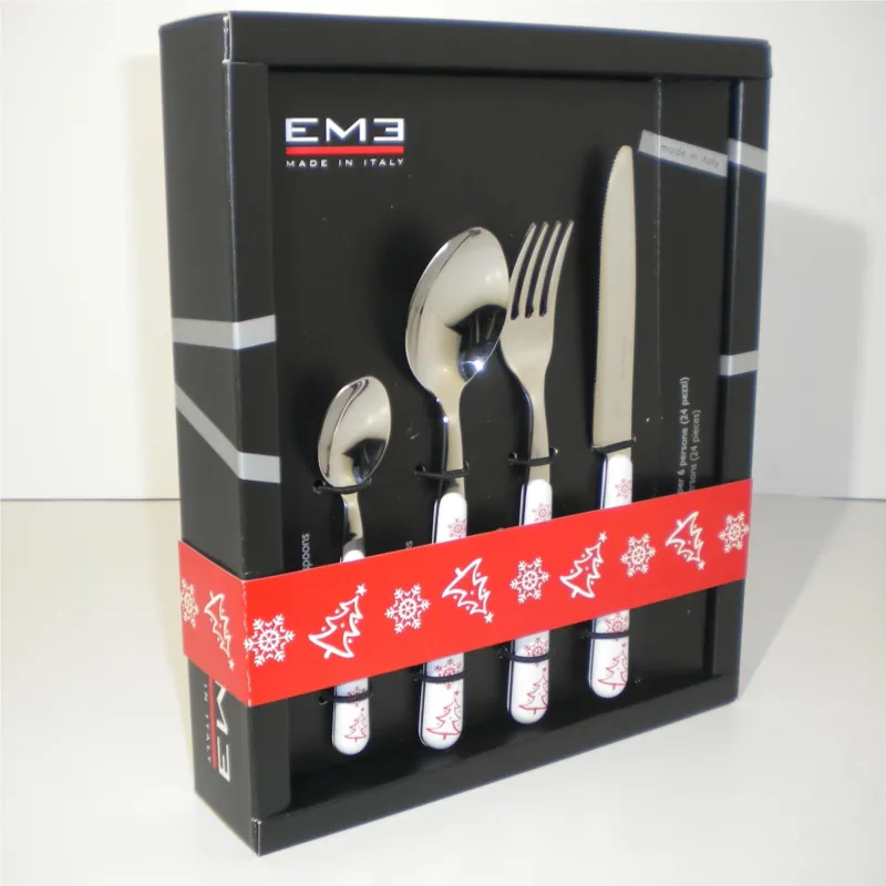 Offerta Speciale Servizio Posate colorate BRIO BIANCO NATALE 24 pezzi in acciaio 18/10 in confezione panoramica Eme Posaterie