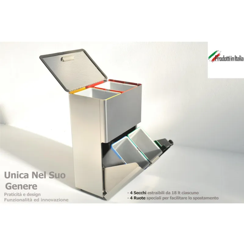 Compra Oggi Stesso Pattumiera Contenitore per la raccolta differenziata FOUR con 4 cestelli da 18 litri 53x36x85 cm - Lt Totali e Ruote , finitura inox satinato prodotto in Italia Graepel spa