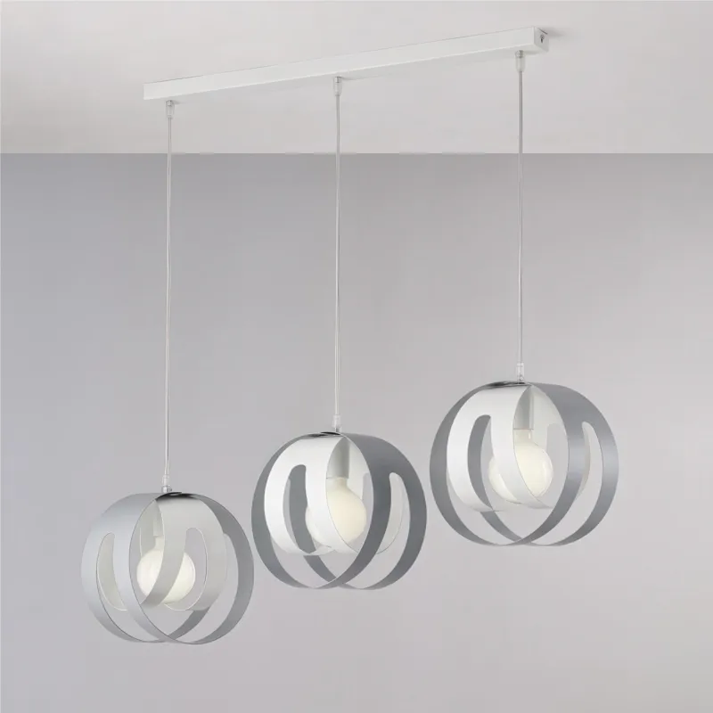 Sospensione con Binario e diffusori taglio laser in ferro laccato tre luci TOBIAS Dimensioni 86x h26cm - MAX 133,3 x E27 - 55 Watt Max, Cavo Elettrico Regolabile colore Bianco Grigio Be Light Vendita Finale