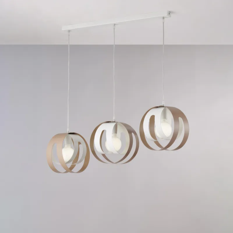 Vendita Finale Sospensione con Binario e diffusori taglio laser in ferro laccato tre luci TOBIAS Dimensioni 86x h26cm - MAX 133,3 x E27 - 55 Watt Max, Cavo Elettrico Regolabile colore Bianco Tortora Be Light
