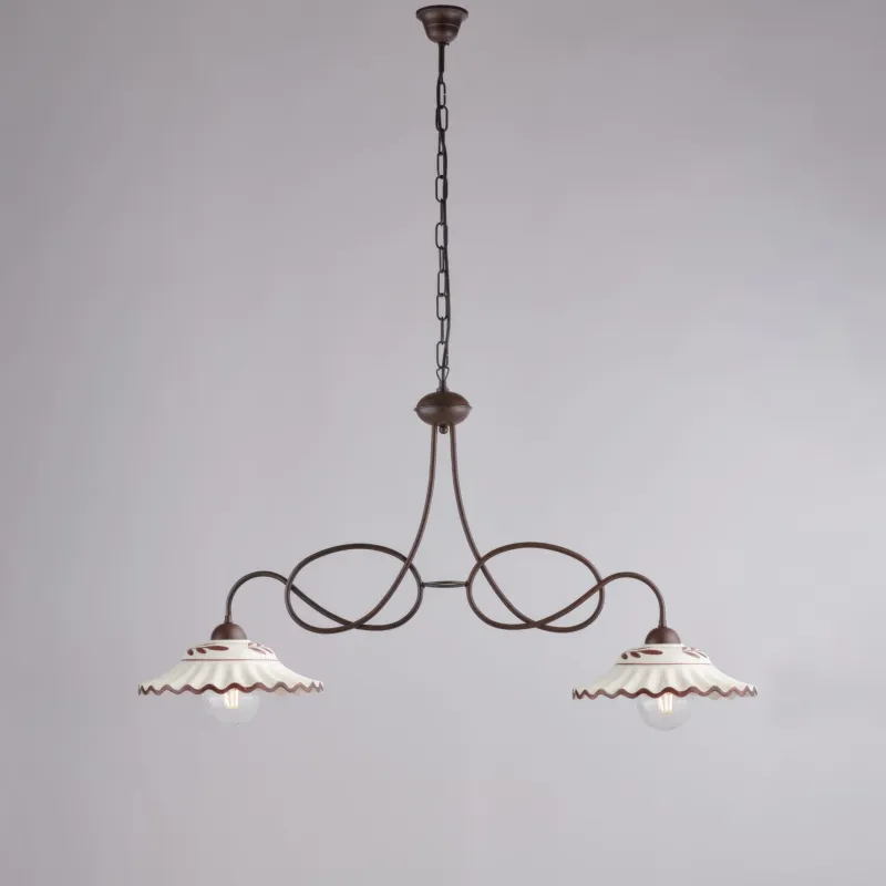 Lampadario in ferro laccato NERO RUGGINE e decorazione effetto Decapè A 2 luci MOD BISTROT Dimensioni 98x30x h 115 cm allungabile fino a 96 diffusori in vetro bianchi e MARRONE Be Light Direttamente Dal Produttore