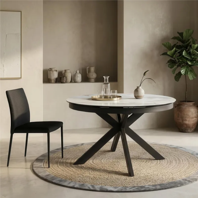 Acquista Ora Tavolo Rotondo in Top ceramica su vetro , Struttura in Metallo, MOON Diametro 120 x120 Max 160x h76 cm-Peso 69 kg Fino a 6 persone colore marmo calacatta bianco Stones Srl