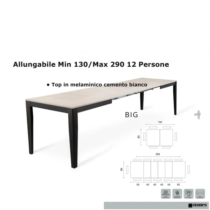 Più Venduto Tavolo Allungabile, Top in melaminico cemento bianco BIG Dimensioni 80x130 Max 290 x h 76 cm, peso kg 68 Fino a 12 persone Top cemento bianco Stones Srl