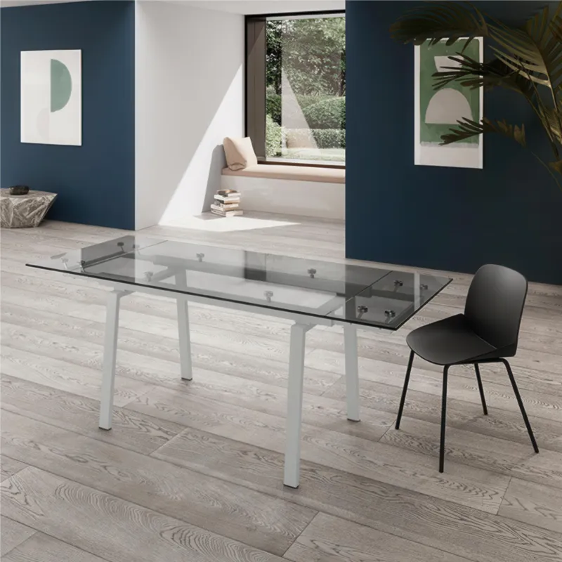 Saldi Tavolo Allungabile, In Vetro Temperato ad alto spessore 1 cm, TOMMY Dimensioni 90x140 Max 200 x h 76 cm, peso kg 63 Fino a 8 persone Top Trasparente Stones Srl