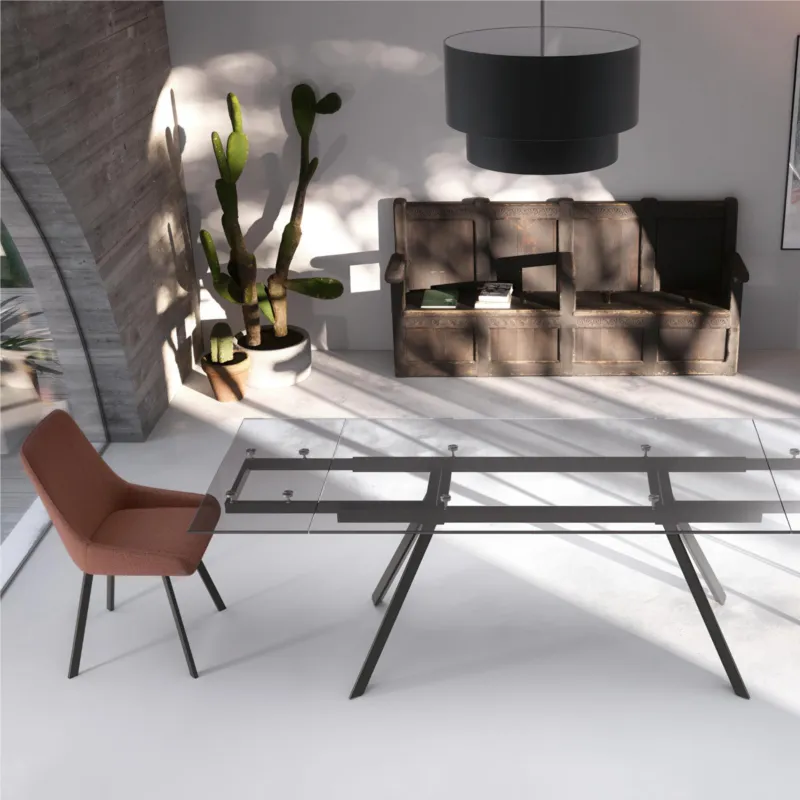 Tavolo Allungabile, In Vetro Temperato ad alto spessore 1 cm, SMOKEY Dimensioni 90x160 Max 240 x h 76 cm, peso kg 85 Fino a 10 persone Top Trasparente Stones Srl Promo Stagionale