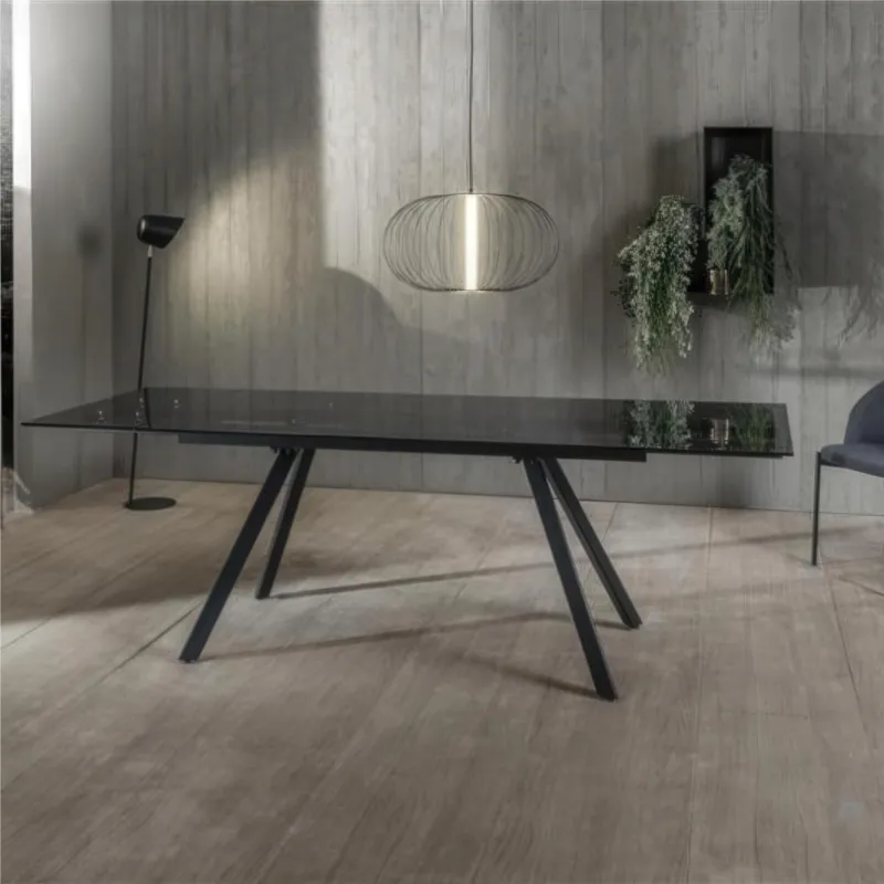 Spedizione Espresso Tavolo Allungabile, In Vetro Temperato ad alto spessore 1 cm, SMOKEY Dimensioni 90x160 Max 240 x h 76 cm, peso kg 85 Fino a 10 persone Top nero fumè Stones Srl