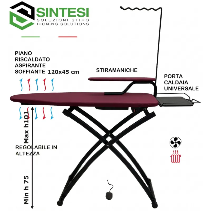 Asse da stiro aspirante soffiante EVO 120x45xh75-101 max cm piano in rete di acciaio dotato di un motore e di una pedaliera copertina colore Bordeaux telaio nero Sintesi Stiro Promo Stagionale