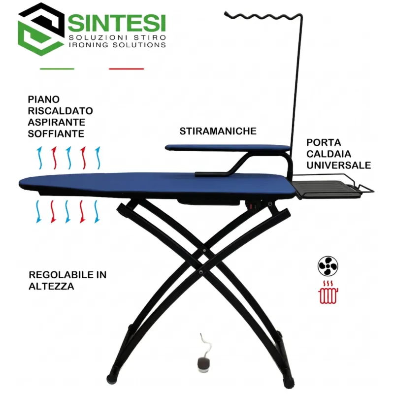 Asse da stiro aspirante soffiante EVO 120x45xh75-101 max cm piano in rete di acciaio dotato di un motore e di una pedaliera copertina colore blu telaio nero Sintesi Stiro Compra Oggi Stesso