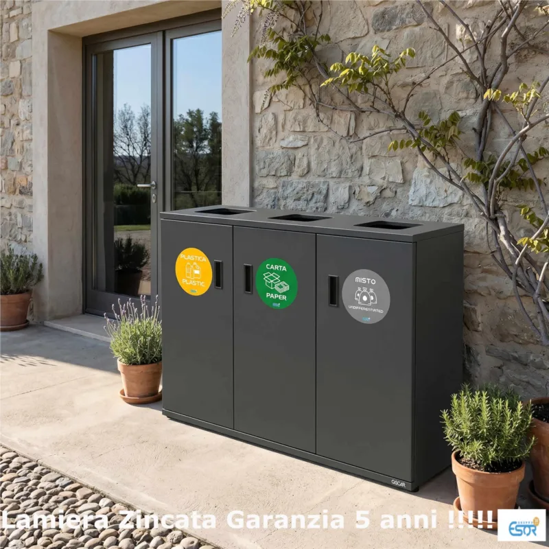 Pattumiera, aperture Superiori , per raccolta differenziata in acciaio 3 scomparti da 180L Dimensioni 30x90xh 80 cm-kg 25 3 scomparti da 180 litri totali, 4 etichette colore Antracite Escelsior Esclusivo