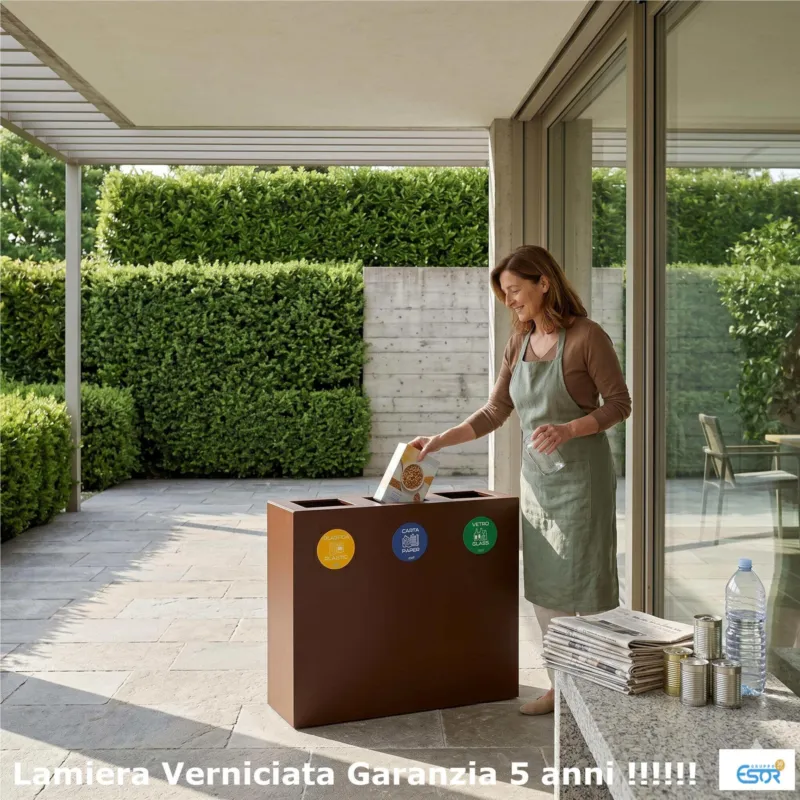 Saldi Pattumiera, Mobiletto per raccolta differenziata in acciaio 3 scomparti da 180L Dimensioni 30x90xh 80 cm-Peso kg 25 3 scomparti da 240 litri totali, 4 etichette colore Corten Escelsior