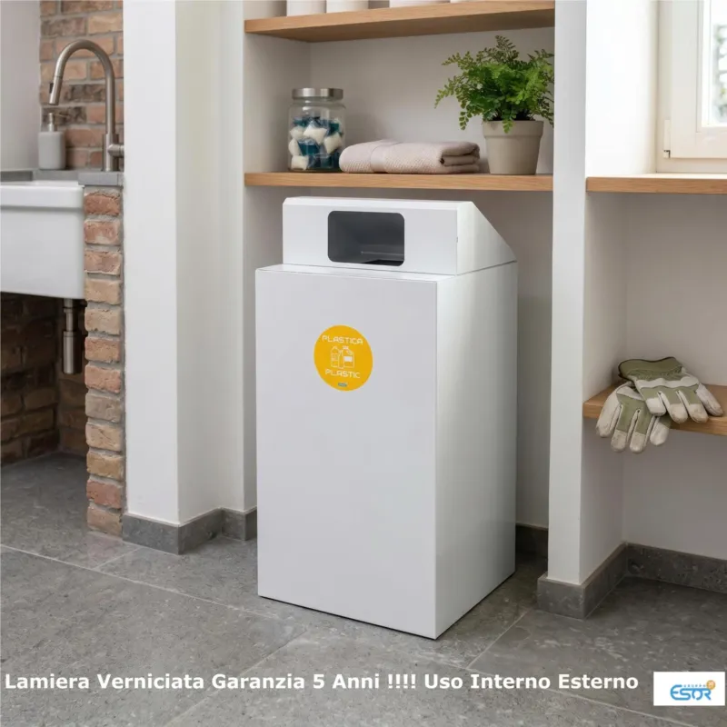 Novità Pattumiera, Mobiletto per raccolta differenziata in acciaio 1 scomparti da 100L Dimensioni 48x48xh 96 cm -Peso 16 kg, 1 scomparti da 100 litri totali, 4 Etichette colore Bianco Escelsior