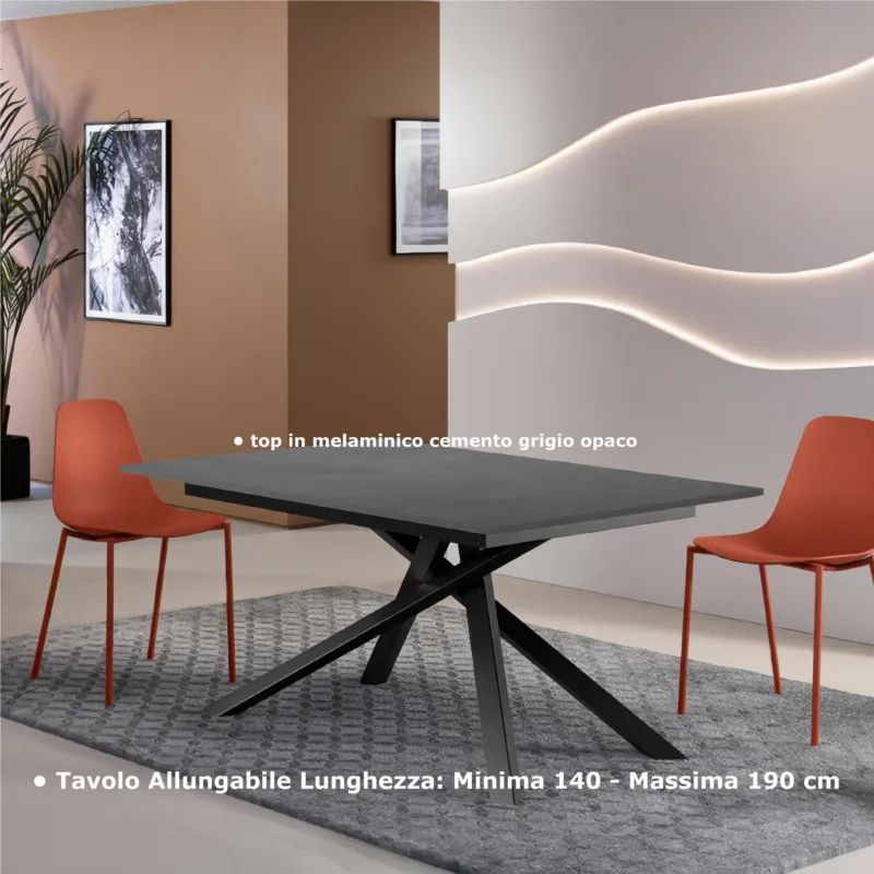 Tavolo Allungabile, Top in Melaminico cemento cemento grigio opaco Gambe in Metallo Nero, Pulse 25 Dimensioni 90x140 Max 190 x h76 cm, peso kg 49 Fino a 8 persone colore cemento cemento grigio opaco Stones Srl Spedito Oggi