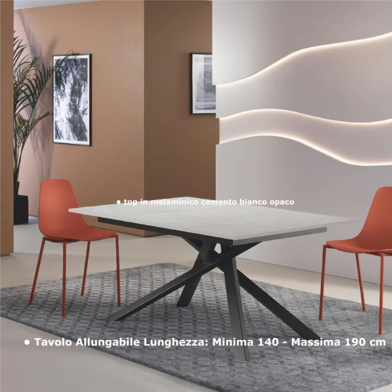 Tavolo Allungabile, Top in Melaminico cemento bianco opaco Gambe in Metallo Nero, Pulse 25 Dimensioni 90x140 Max 190 x h76 cm, peso kg 49 Fino a 8 persone colore cemento bianco opaco Stones Srl Pagamento Sicuro