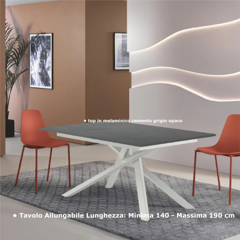 Tavolo Allungabile, Top in Melaminico cemento grigio opaco Gambe in Metallo Nero, Pulse 25 Dimensioni 90x140 Max 190 x h76 cm, peso kg 49 Fino a 8 persone colore cemento grigio opaco Stones Srl Vendita Finale