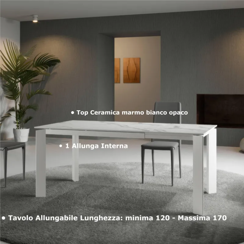 Tavolo Allungabile, Top Ceramica (sinthered stone) Gambe in Metallo FRAME Dimensioni 80x120 Max 170x h76 cm, peso kg 69 Fino a 8 persone colore top in marmo Bianco opaco Stones Srl Super Prezzo