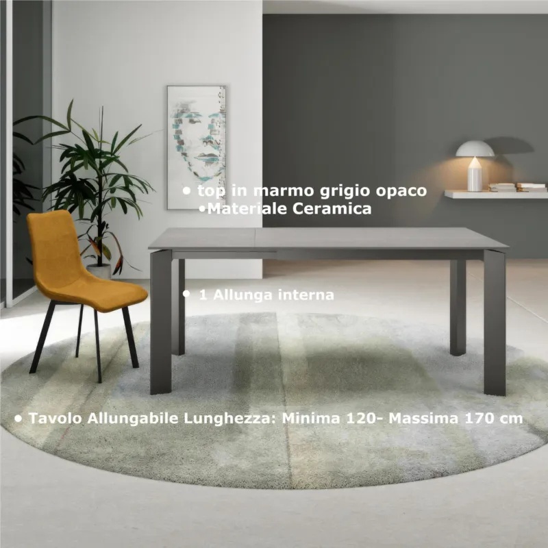 Miglior Prezzo Tavolo Allungabile, Top Ceramica (sinthered stone) Gambe in Metallo Dimensioni 80x120 Max 170x h76 cm, peso kg 69 Fino a 8 persone colore top in marmo grigio opaco Stones Srl