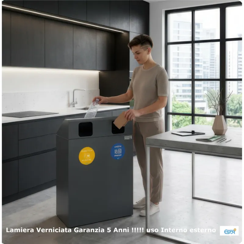 Subito Disponibile Pattumiera, Mobiletto per raccolta differenziata in acciaio 2 scomparti da 120L Dimensioni 30x60xh 96 cm-Peso kg 20, 2 scomparti da 120 litri totali, 4 Etichette colore Antracite Escelsior