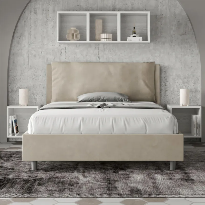 Letto Matrimoniale alla Francese ANTEA Sfoderabile Dimensioni 140x190 cm con Testata e Letto imbottiti con Cuscino Largo microfibra colore Sabbia ITYHOME Professionale