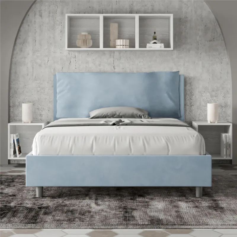 Letto Matrimoniale alla Francese ANTEA Sfoderabile Dimensioni 140x190 cm con Testata e Letto imbottiti con Cuscino Largo microfibra colore Azzurro ITYHOME Offerta Limitata