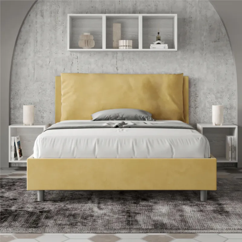 Letto Matrimoniale alla Francese ANTEA Sfoderabile Dimensioni 140x190 cm con Testata e Letto imbottiti con Cuscino Largo microfibra colore Ocra ITYHOME Ultime Pezzi