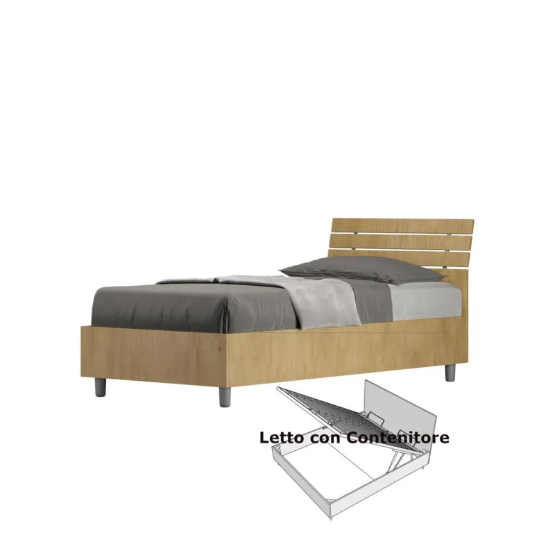 Letto Singolo con Contenitore, Design a DOGHE e Testata Inclinata Modello ANKEL Dimensioni 80x190 cm Posizionabile in Poco Spazio Essenziale Colore Quercia ITYHOME Promo Stagionale