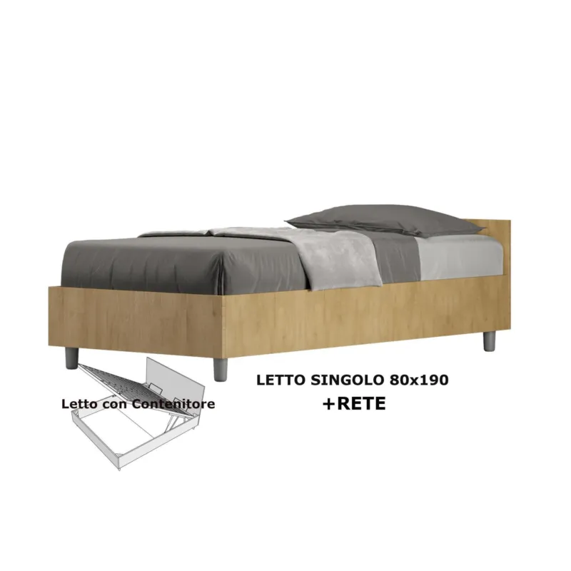 Compra Oggi Stesso Letto Singolo con Contenitore con Contenitore, Modello NUAMO Dimensioni 80x190 cm Stile Minimal ed Essenziale Colore Quercia ITYHOME