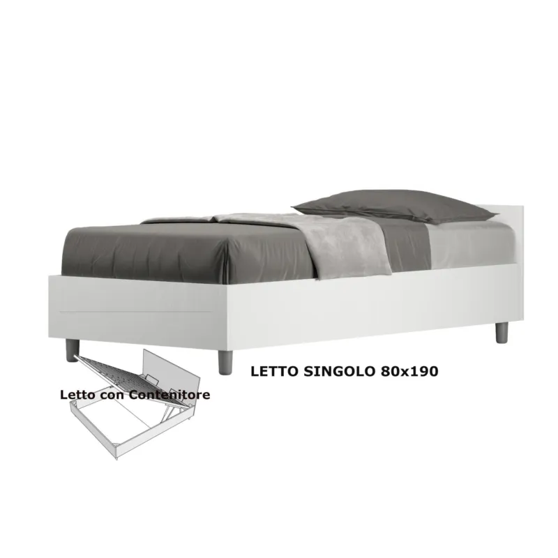 Letto Singolo con Contenitore, Testata Bassa, E Rete Modello NUAMO Dimensioni 80x190 cm Stile Minimal ed Essenziale Colore Bianco Frassino ITYHOME Consegna Rapida