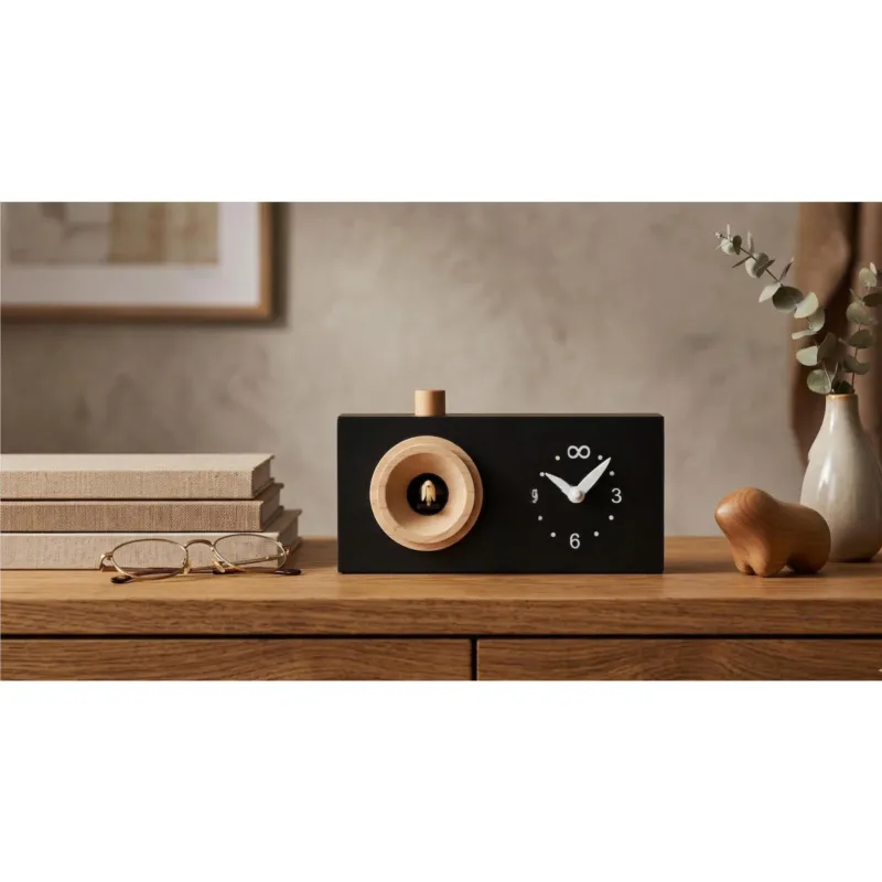 Ultime Pezzi Orologio con cucù da appoggio MDF laccato – dettagli in acero Dimensioni 24 x12 x h13 cm Colore nero RAL 9017 Pirondini