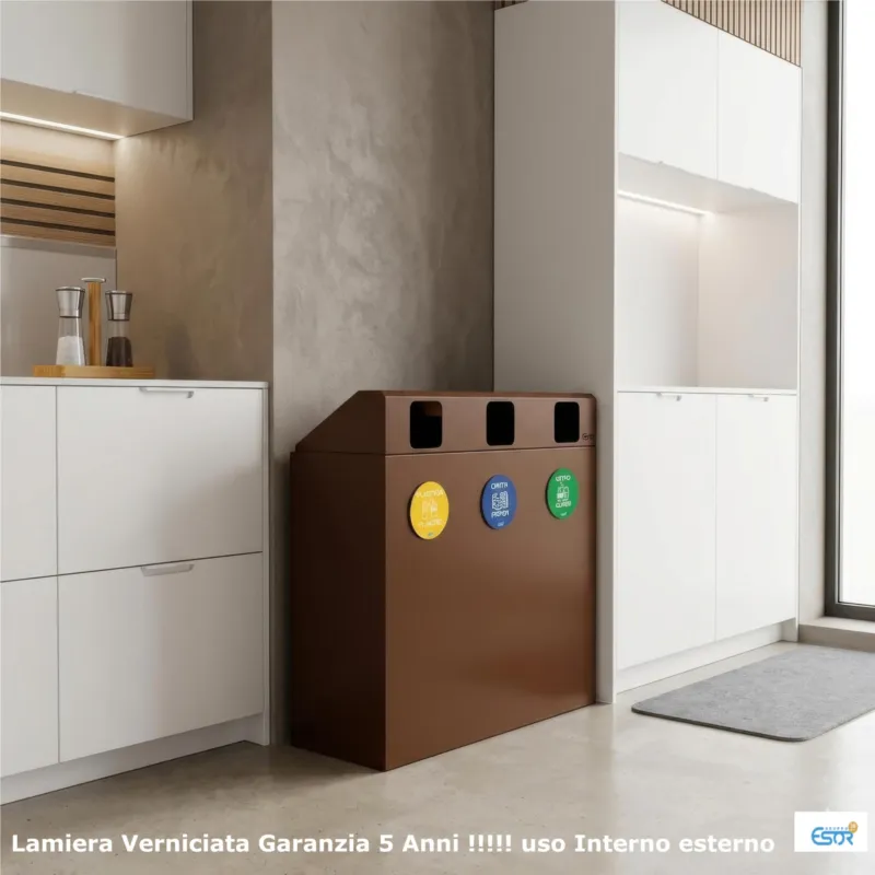 Ultime Pezzi Pattumiera, Mobiletto per raccolta differenziata in acciaio 3 scomparti da 180L Dimensioni 30x90xh 100 cm-Peso kg 25 3 scomparti da 180 litri totali, 4 etichette colore Corten Escelsior