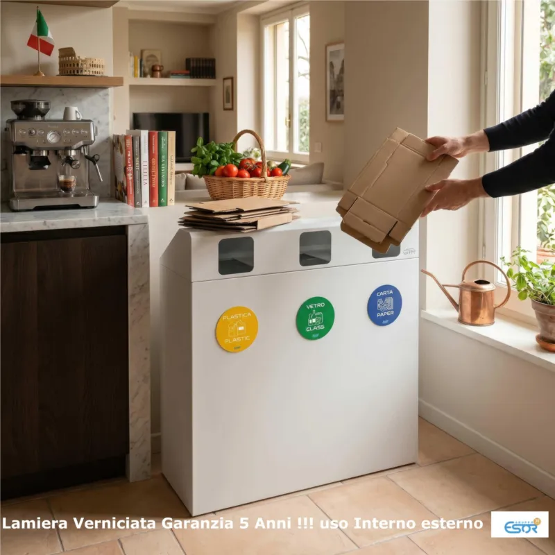Pattumiera, Mobiletto per raccolta differenziata in acciaio 3 scomparti da 180L Dimensioni 30x90xh 100 cm 3 scomparti da 180 litri totali, 4 etichette colore Bianco Escelsior Offerta Del Giorno