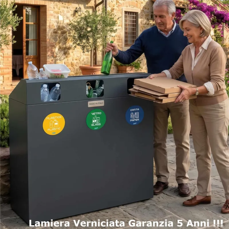 Ordina Subito Pattumiera, Mobiletto per raccolta differenziata in acciaio 3 scomparti da 180L Dimensioni 30x90xh 100 cm-Peso kg 25 3 scomparti da 180 litri totali, 4 etichette colore Antracite Escelsior