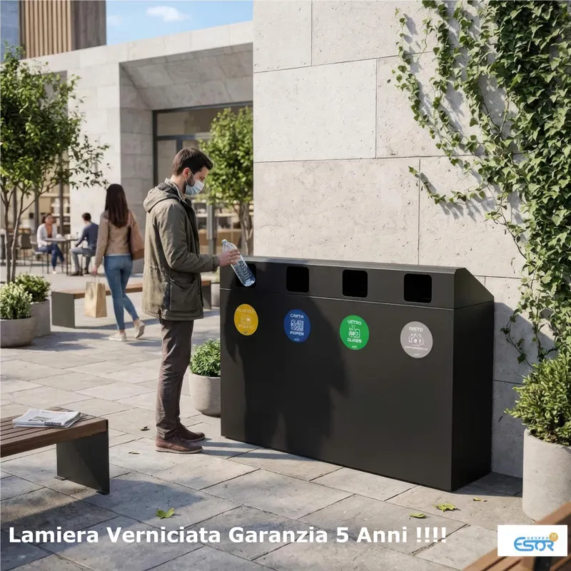 Pattumiera, Mobiletto per raccolta differenziata in acciaio 4 scomparti da 240Lt Dimensioni 120x30xh 100 cm -Peso 30 kg, 4 scomparti da 240 litri totali 4 Etichette colore Antracite Escelsior Sconto