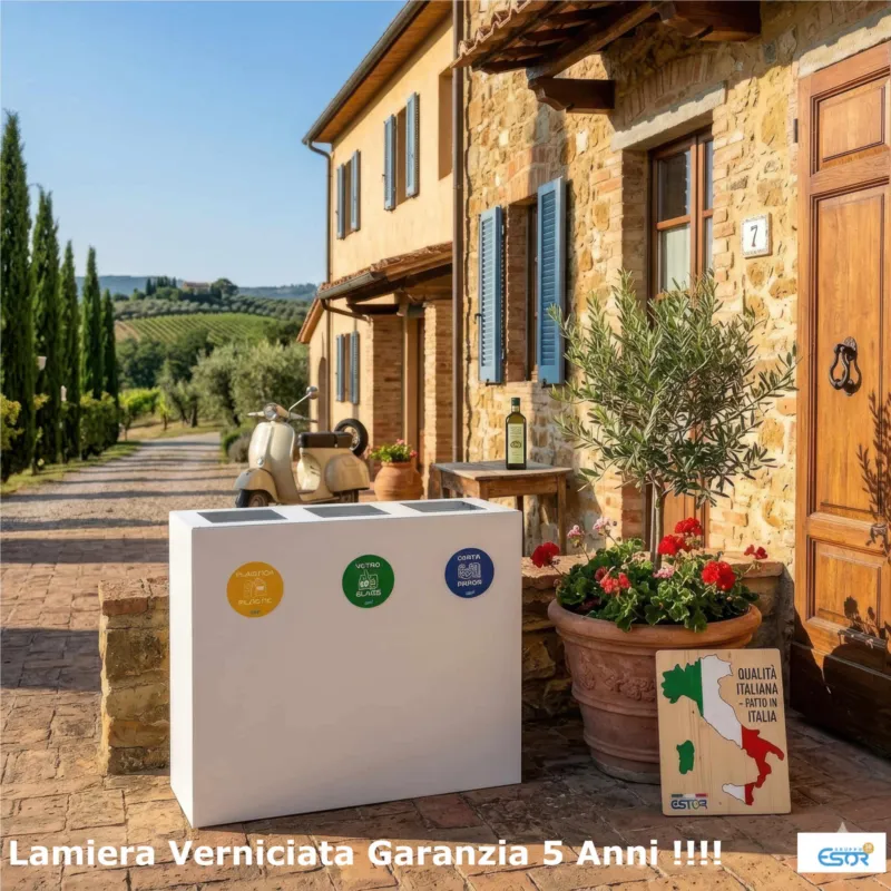 Popolare Pattumiera, Mobiletto per raccolta differenziata in acciaio 3 scomparti da 180L Dimensioni 30x90xh 80 cm -Peso kg 25 3 scomparti da 240 litri totali, 4 etichette colore Bianco Escelsior