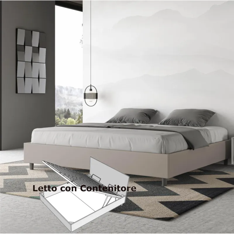 Compra Online Letto Matrimoniale con Contenitore AZELIA KING SIZE, Similpelle Dimensioni 180x200 cm giroletto imbottito effetto trapuntato colore Tortora ITYHOME