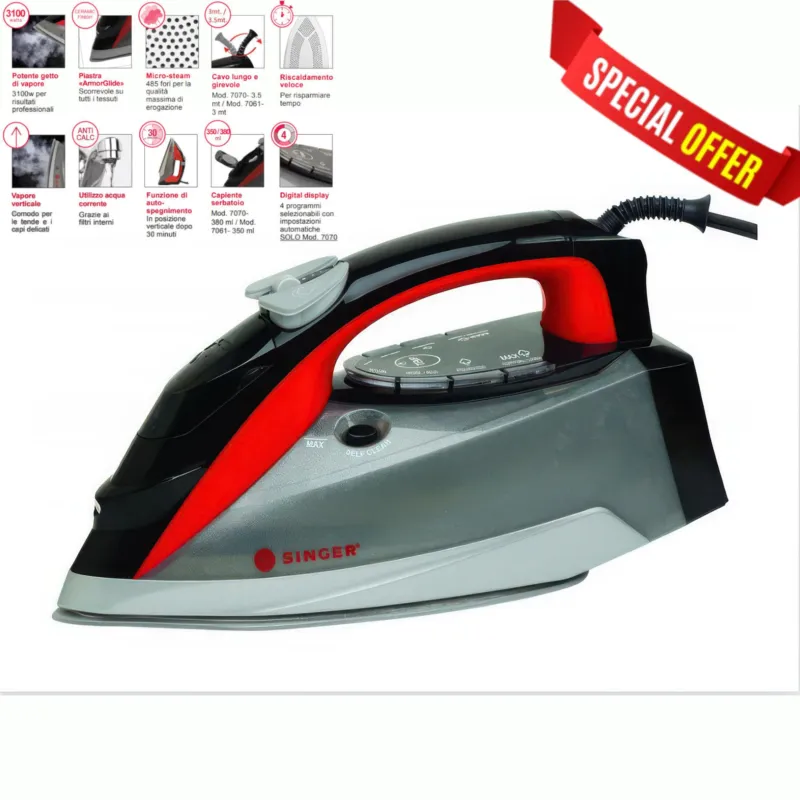 Offerta Lampo Ferro da Stiro SINGER STEAMLOGIC PLUS dotato di una piastra in ceramica di alta qualità con 485 micro fori serbatoio 350ML SINGER