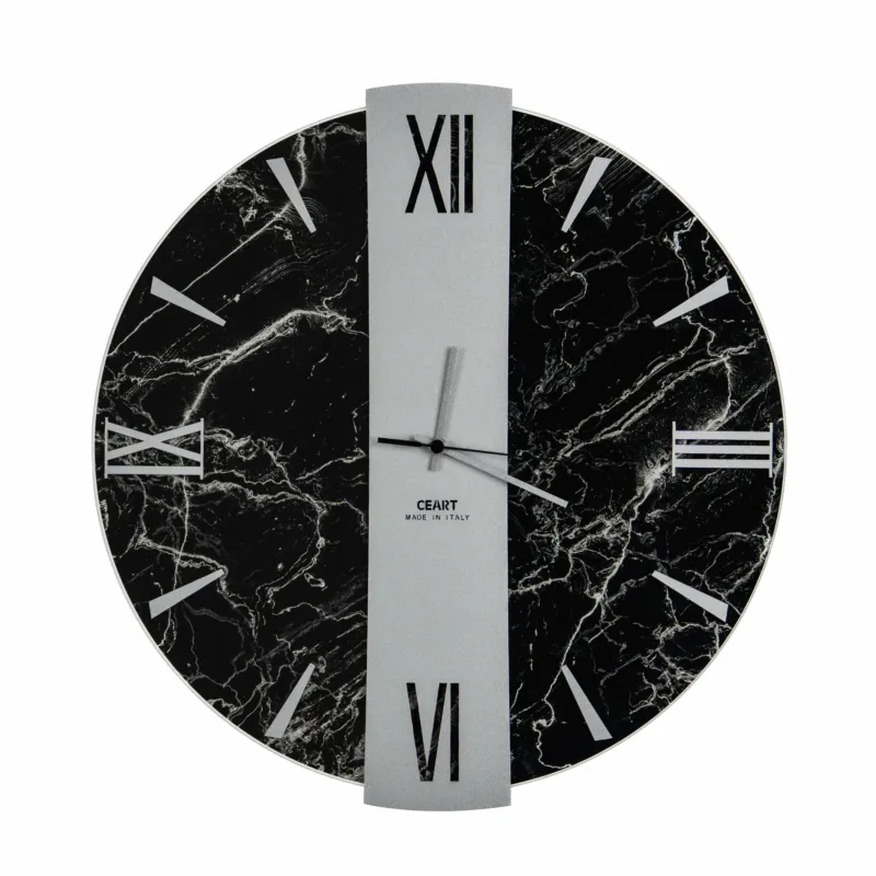 Promo Stagionale Orologio Da Muro 45 cm VEGA Struttura, Marmo Nero SMALL Diametro 45 cm lancette in metallo numeri colore Argento a rilievo lastra centrale Argento Ceart