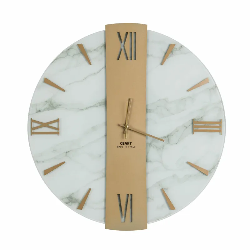 Orologio Da Muro 45 cm VEGA Struttura, Marmo Bianco SMALL Diametro 45 cm lancette in metallo numeri colore ORO a rilievo lastra centrale ORO Ceart Quantità Limitata