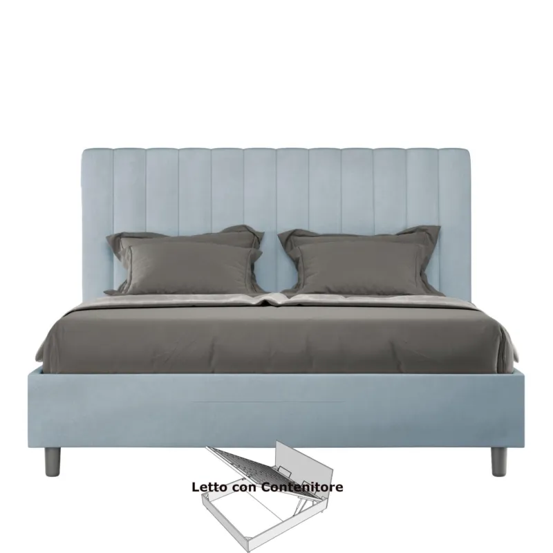 Letto Matrimoniale alla Francese con Contenitore AGUEDA In Microfibra Dimensioni 140x200 cm giroletto imbottito effetto trapuntato Azzurro ITYHOME Super Prezzo