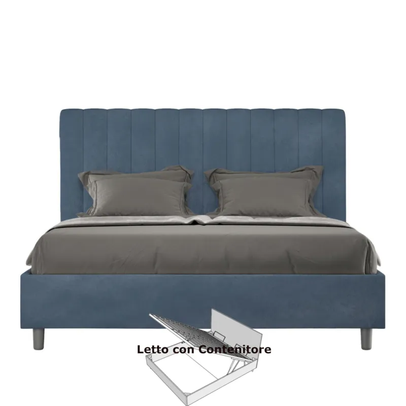 Letto Matrimoniale alla Francese con Contenitore AGUEDA In Microfibra Dimensioni 160x200 cm giroletto imbottito effetto trapuntato Blu ITYHOME Offerta Speciale