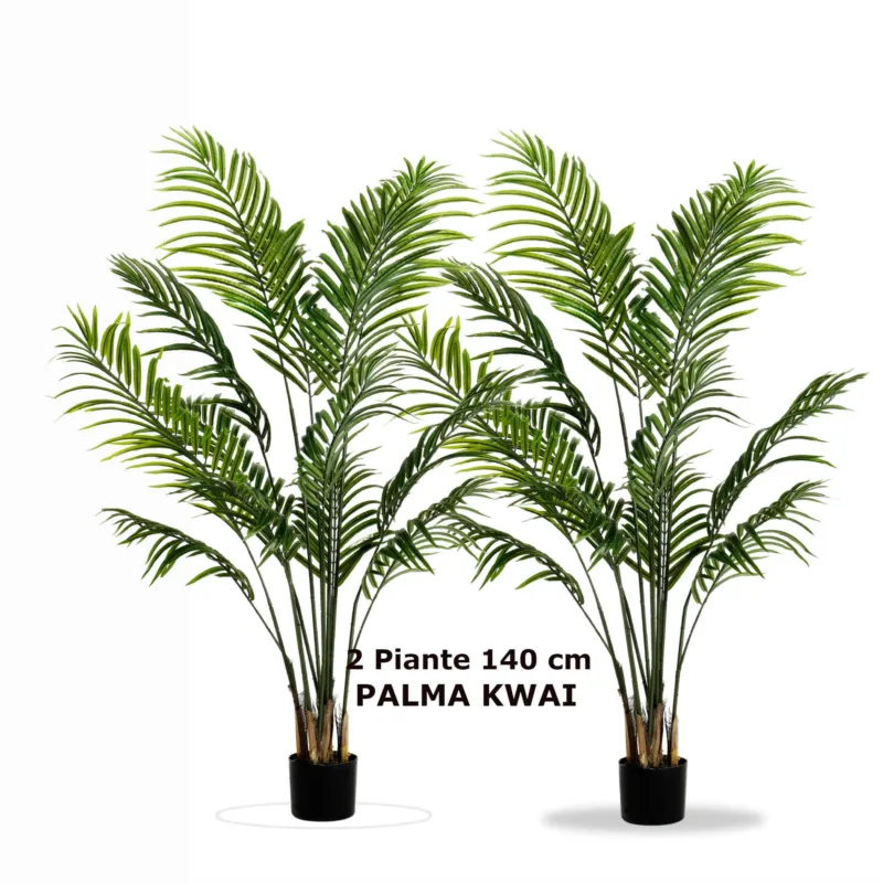Professionale SET di due Piante PALMA KWAI con Vaso h 140 fiori e foglie Verdi tronco in Legno materiale sintetico effetto Realistico Fantin Argenti