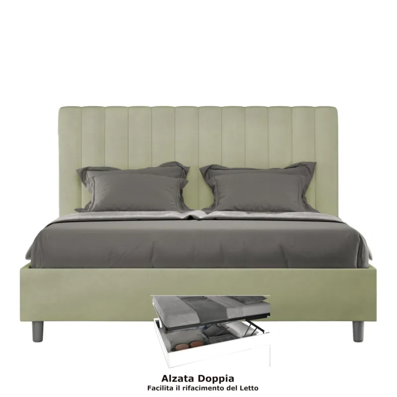 Letto matrimoniale In MIcrofibra con Doppio Contenitore AGUEDA giroletto imbottito Dimensioni 160x190 cm effetto trapuntato Te Verde ITYHOME Ordina Subito