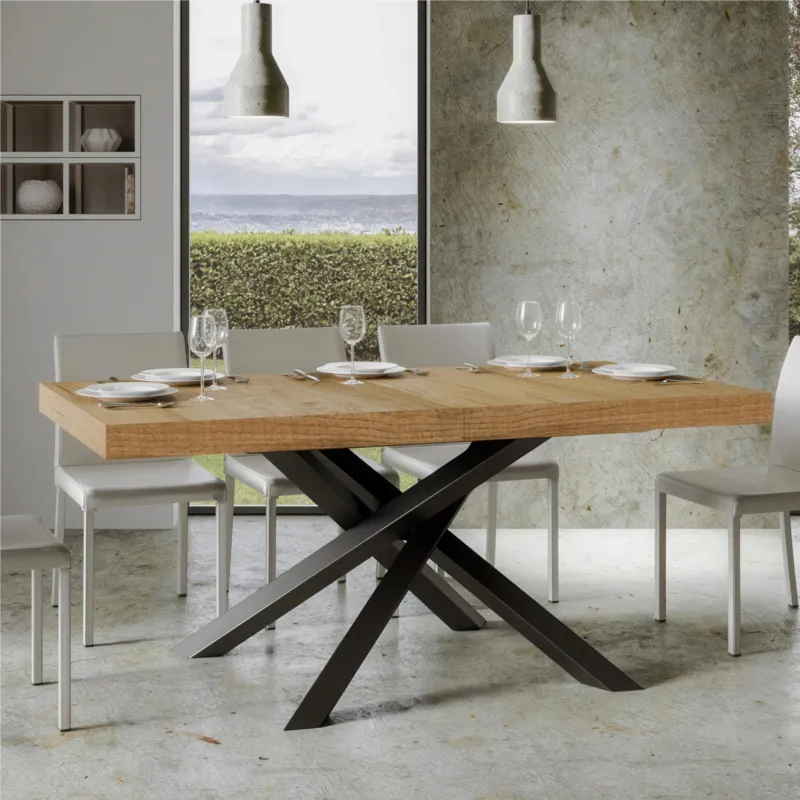 Ultimissimo Modello Tavolo Allungabile 160 cm con 2 allunghe VOLANTIS Premium Bianco 90x160xh77 cm estensibile fino a 264 cm Allunghe da 52 cm, gambe in Ferro antracite , piano Quercia Natura Itamoby