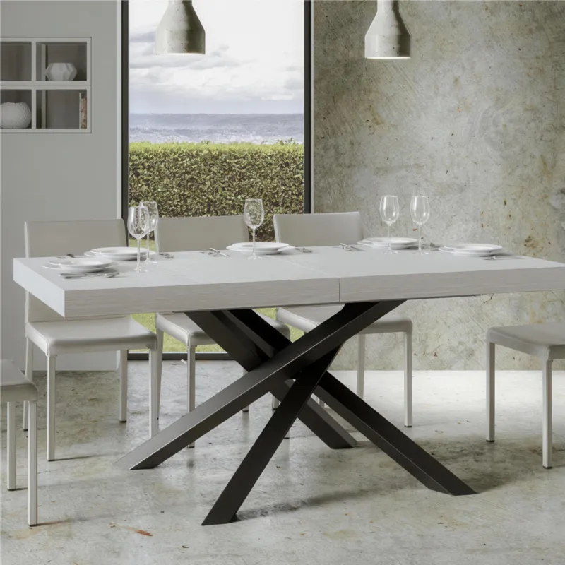 Prezzo Ridotto Tavolo Allungabile 160 cm con 2 allunghe VOLANTIS Premium Bianco 90x160xh77 cm estensibile fino a 264 cm Allunghe da 52 cm, gambe in Ferro antracite , piano Bianco Frassino Itamoby