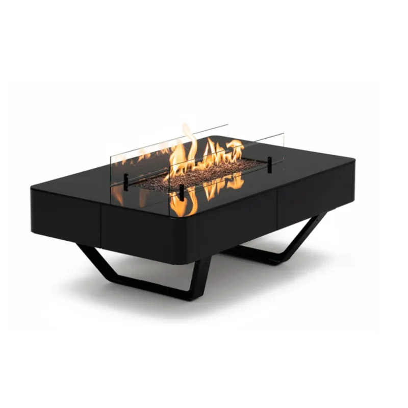 Saldi Braciere da esterno 2 in uno e tavolino da caffè in acciaio e vetro temperato - RIO FIRE - Dimensioni 106x66 x h35 cm peso 18 kg Fino a 8 kW - Alimentato a GPL - con ripiani in vetro antimacchia Planika