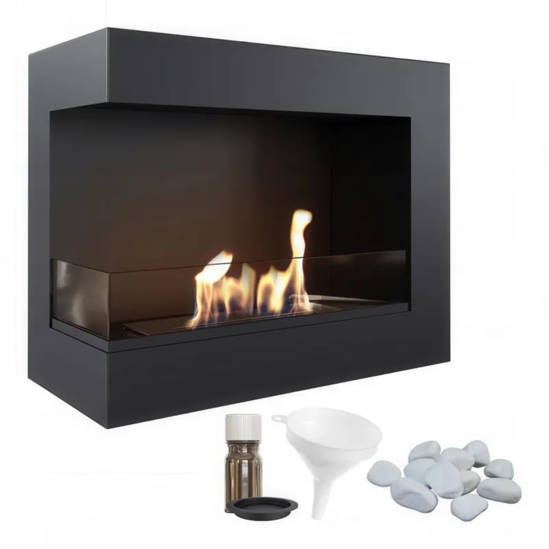 Camino Bioetanolo Parete DELTA 60 TÜV Sinistra con Pietre Decorative e Vetro protettivo - Nero, Dimensioni 60x28x48 cm, Acciaio e Vetro Temperato KRATKI Prezzo Conveniente
