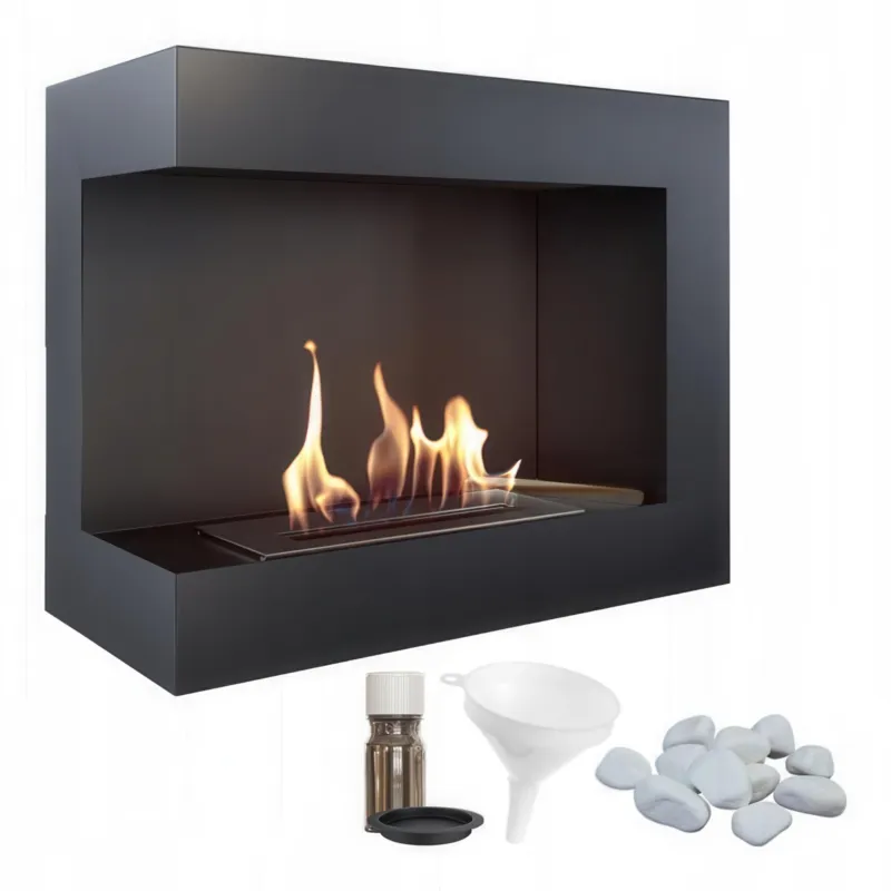 Camino Bioetanolo Delta 600 TÜV Parete Angolo Sinistro Nero - Dimensioni 60x28x48 cm - Acciaio con Pietre Decorative KRATKI Direttamente Dal Produttore