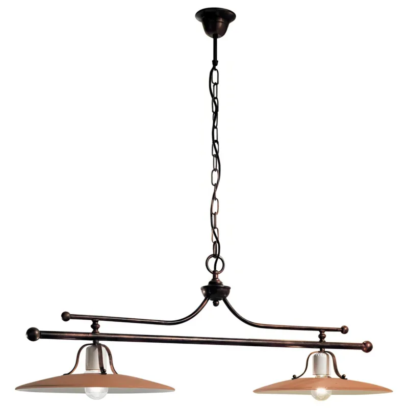 Prezzo Ridotto Lampada sospensione rustica, con struttura in metallo e Doppio diffusore in ceramica decorato a mano BOLOGNA Dimensioni 100x40x h 40cm peso 5,45 kg - Attacco Lampada E 27 Ferroluce