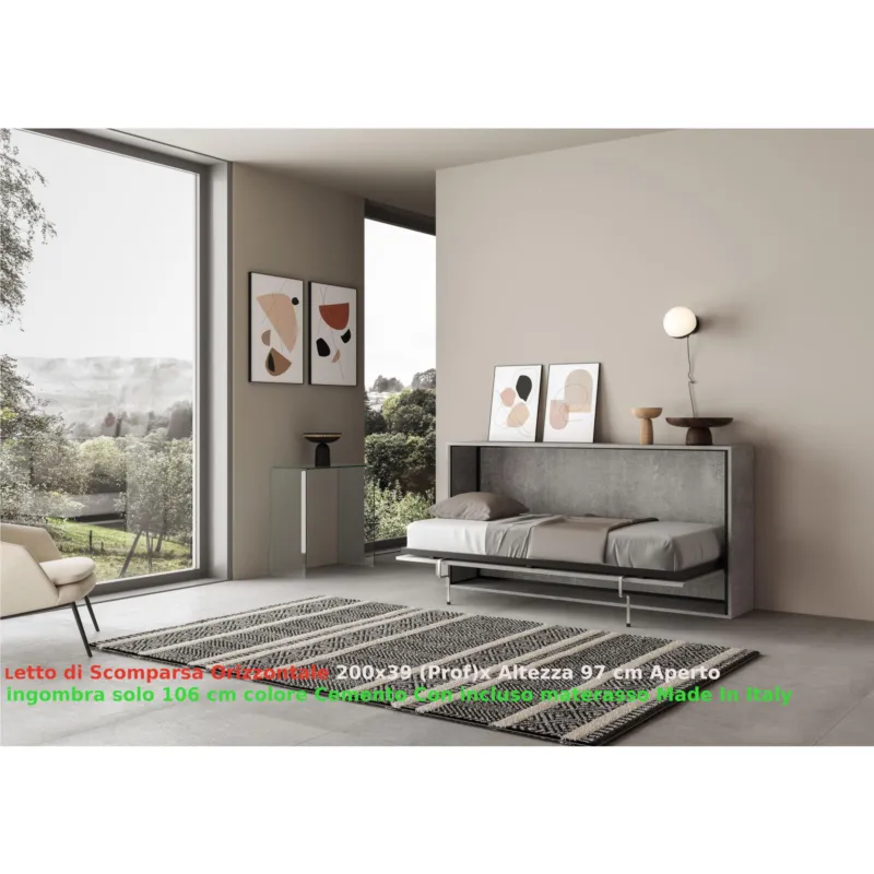 Super Prezzo Letto a scomparsa Kando singolo Con Materasso Incluso Chiuso Occupa solo 39 cm di profondità, Dimensioni chiuso 200x39xh97 cm struttura in legno colore Cemento Itamoby