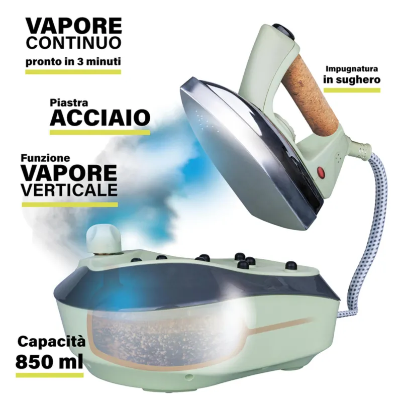Ferro Da stiro a Vapore 2000W Dimensioni 36x19 x h 26 cm 40/45 g/min Capacita Caldaia 850 ML Voltaggio 220-240 V colore Verde VDE Tivoli 1996 Ultime Pezzi