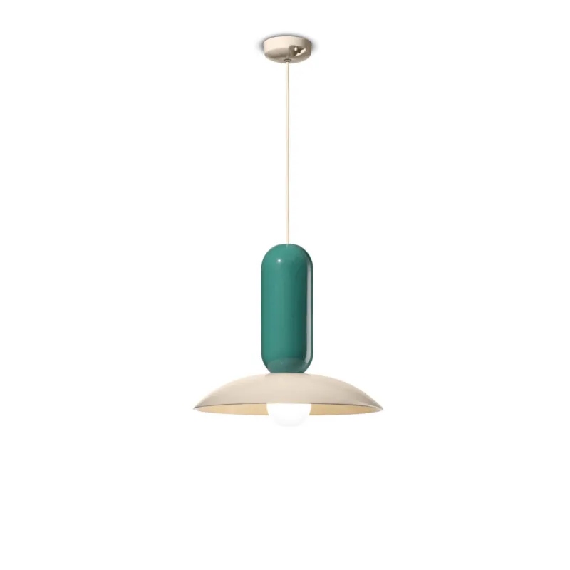 Popolare Lampadario sospensione ceramica decorata Due volumi sovrapposti PAU Diametro ∅ 31XH 36 cm - 1 x max 53W E27 interno COLORE CREMA - TURCHESE Ferroluce